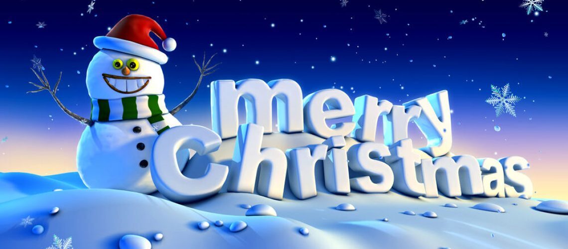 Snowman beside a Merry Christmas greeting in a snowy scene