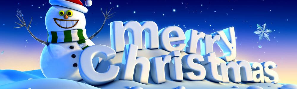 Snowman beside a Merry Christmas greeting in a snowy scene